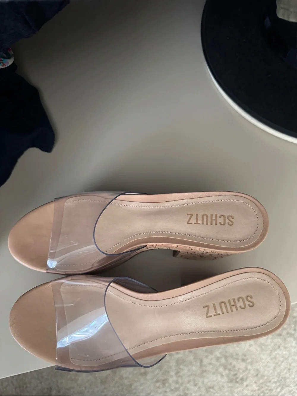 SCHUTZ Clear Strap Cork Platform Sandals in Nude